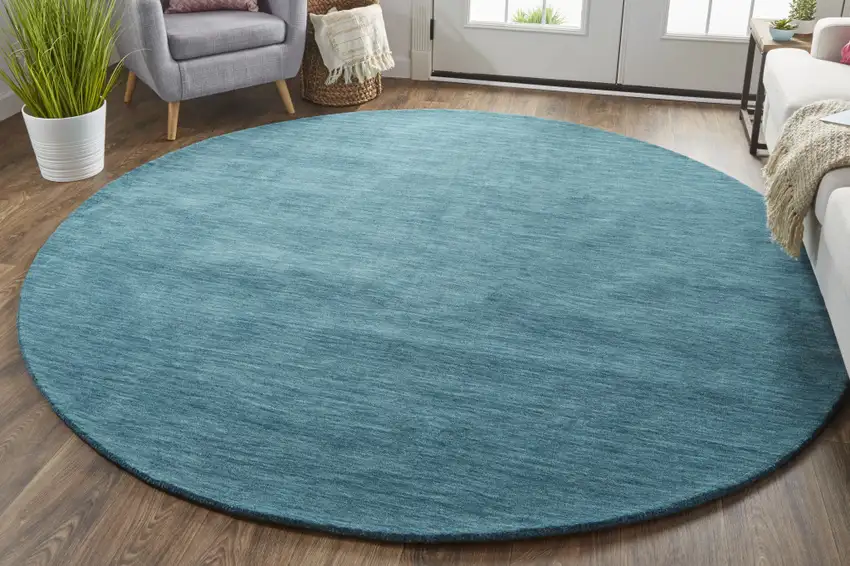 8' Blue And Green Round Wool Hand Woven Stain Resistant Area Rug Photo 4