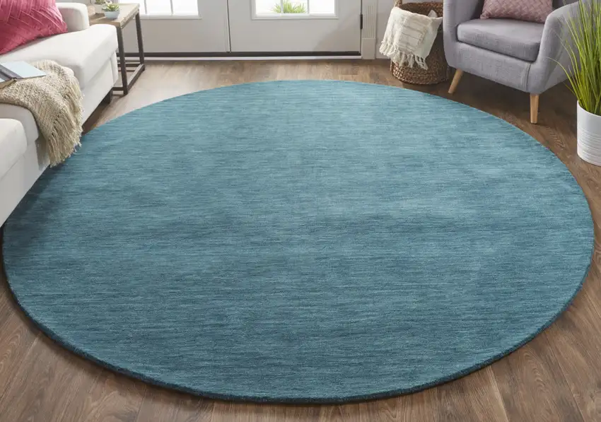 8' Blue And Green Round Wool Hand Woven Stain Resistant Area Rug Photo 5