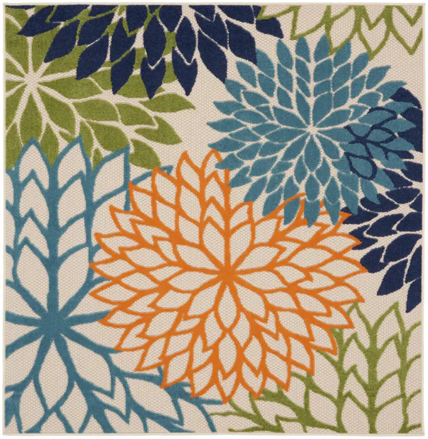 5' Blue And Green Square Floral Power Loom Stain Resistant Area Rug Photo 1