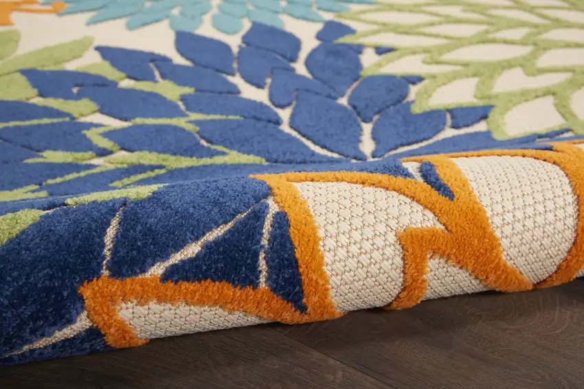 5' Blue And Green Square Floral Power Loom Stain Resistant Area Rug Photo 6
