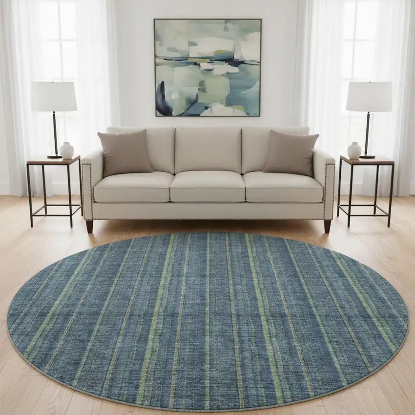 8' Blue And Green Striped Washable Round Rug With UV Protection Photo 2
