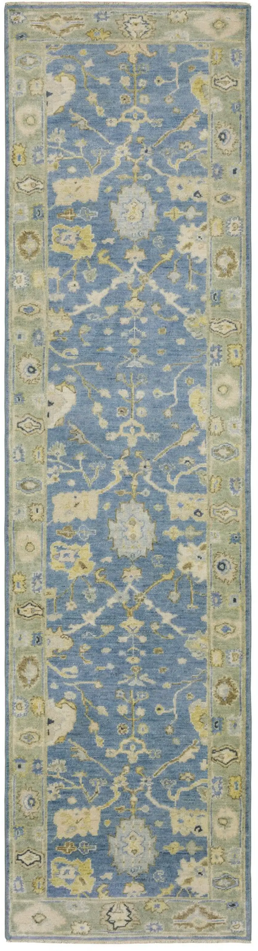 10' Blue And Green Wool Oriental Hand Knotted Runner Rug With Fringe Photo 5
