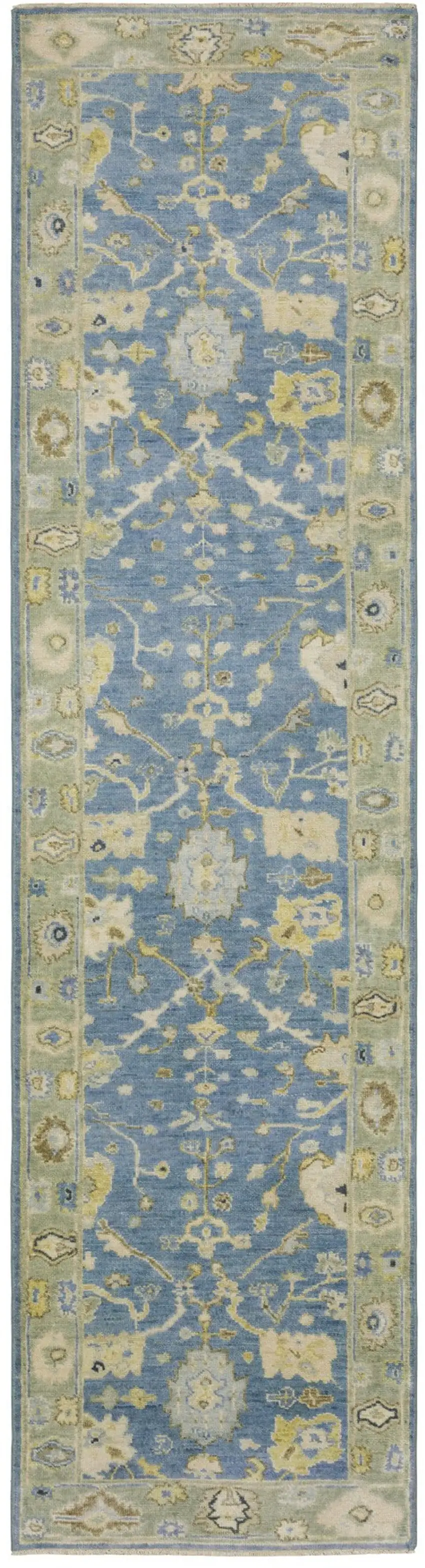 10' Blue And Green Wool Oriental Hand Knotted Runner Rug With Fringe Photo 2