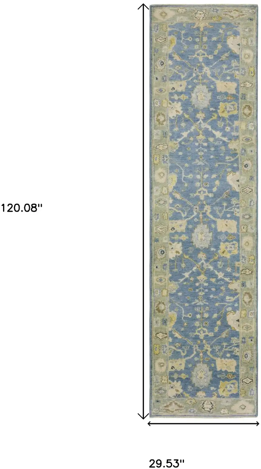 10' Blue And Green Wool Oriental Hand Knotted Runner Rug With Fringe Photo 3