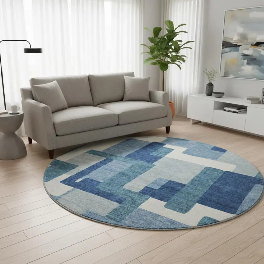 8' Blue And Ivory Abstract Geometric Washable Round Rug With UV Protection Photo 2