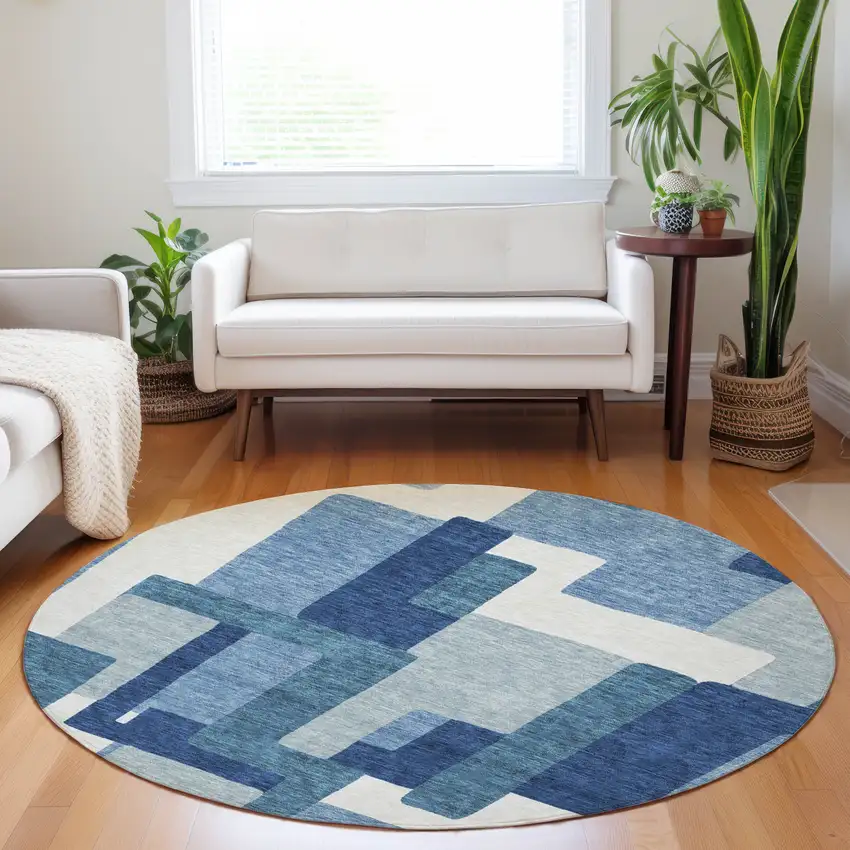 8' Blue And Ivory Abstract Geometric Washable Round Rug With UV Protection Photo 5