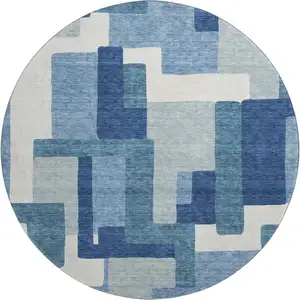Photo of 8' Blue And Ivory Abstract Geometric Washable Round Rug With UV Protection