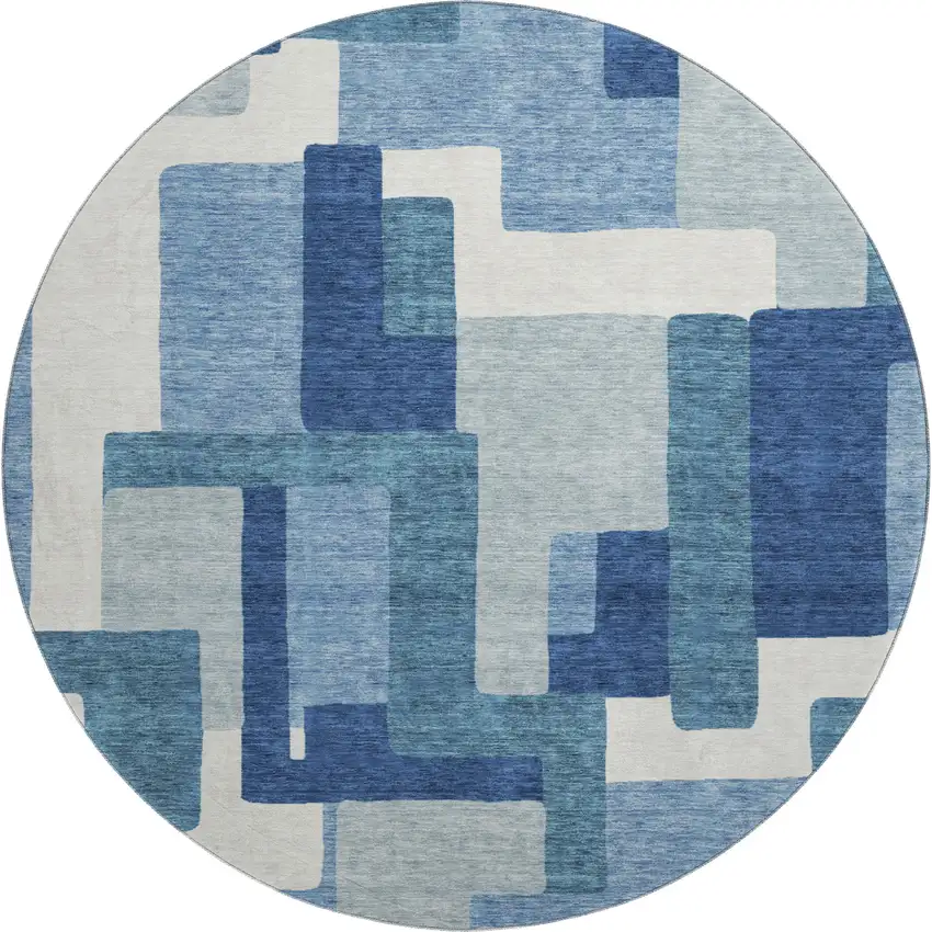 8' Blue And Ivory Abstract Geometric Washable Round Rug With UV Protection Photo 1