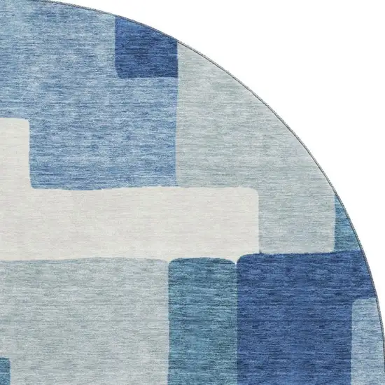 8' Blue And Ivory Abstract Geometric Washable Round Rug With UV Protection Photo 4