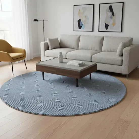 8' Blue And Ivory Abstract Geometric Washable Round Rug With UV Protection Photo 2