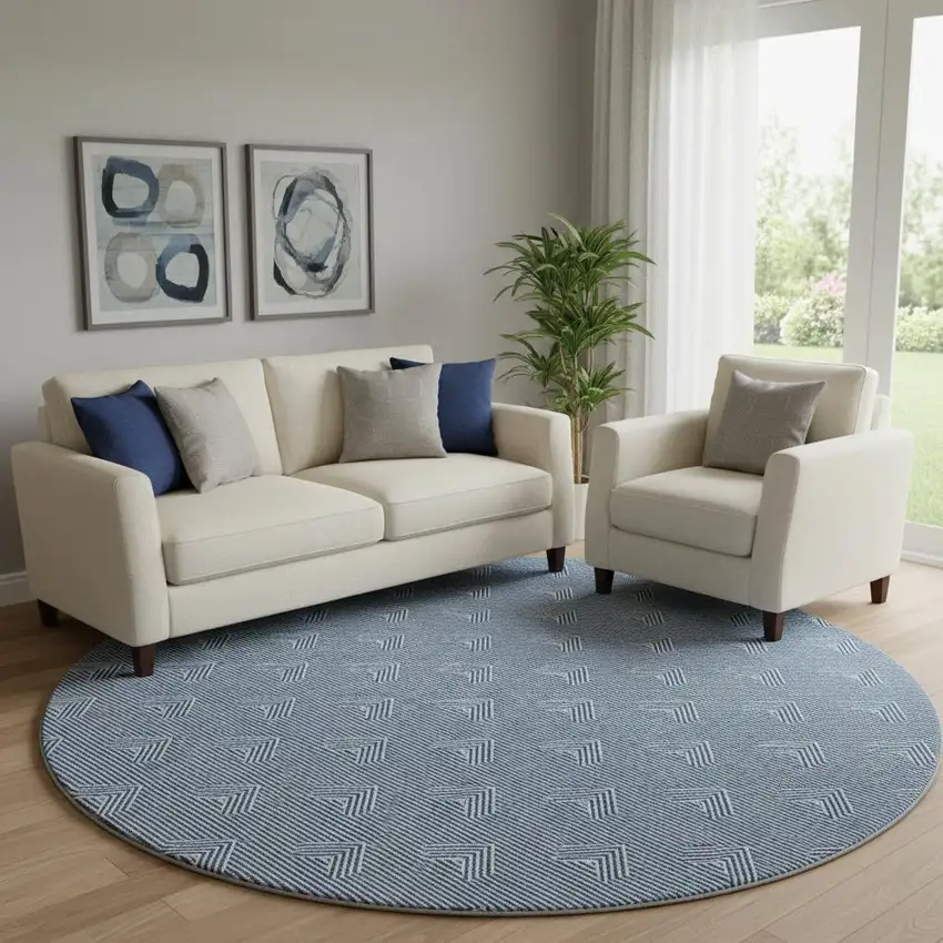8' Blue And Ivory Abstract Geometric Washable Round Rug With UV Protection Photo 1