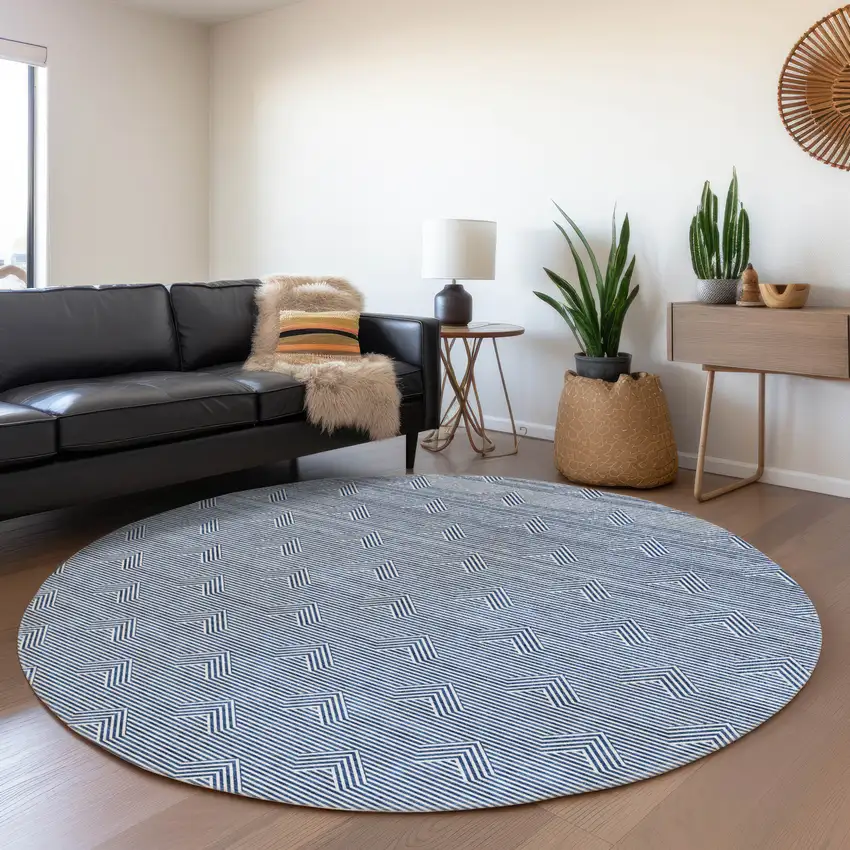 8' Blue And Ivory Abstract Geometric Washable Round Rug With UV Protection Photo 5