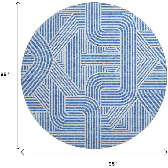 8' Blue And Ivory Abstract Geometric Washable Round Rug With UV Protection Photo 3