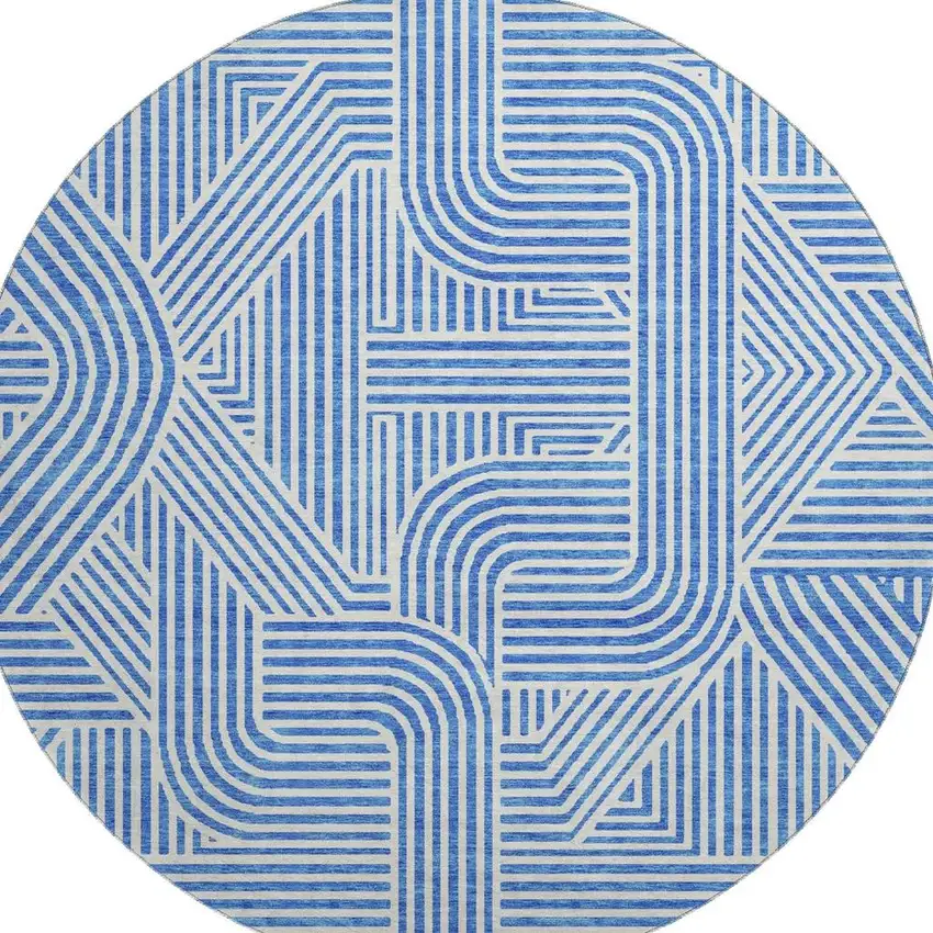 8' Blue And Ivory Abstract Geometric Washable Round Rug With UV Protection Photo 3