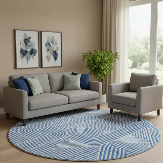 8' Blue And Ivory Abstract Geometric Washable Round Rug With UV Protection Photo 1