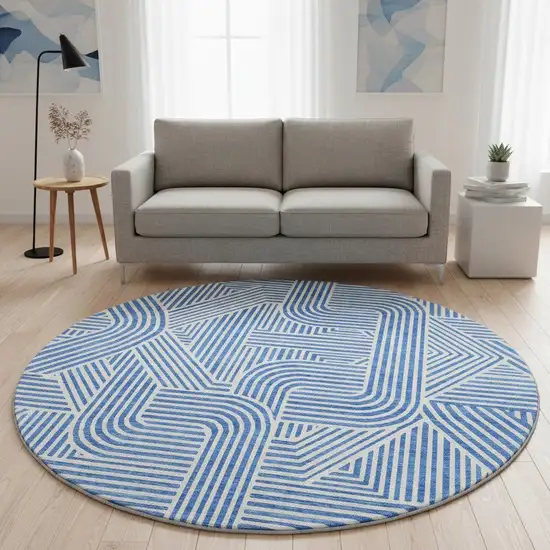 8' Blue And Ivory Abstract Geometric Washable Round Rug With UV Protection Photo 2