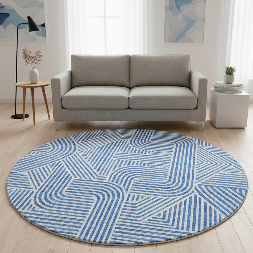 8' Blue And Ivory Abstract Geometric Washable Round Rug With UV Protection Photo 2