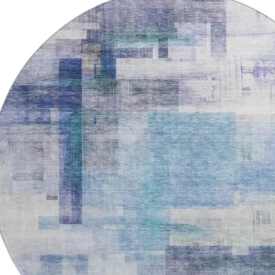 8' Blue And Ivory Abstract Geometric Washable Round Rug With UV Protection Photo 2