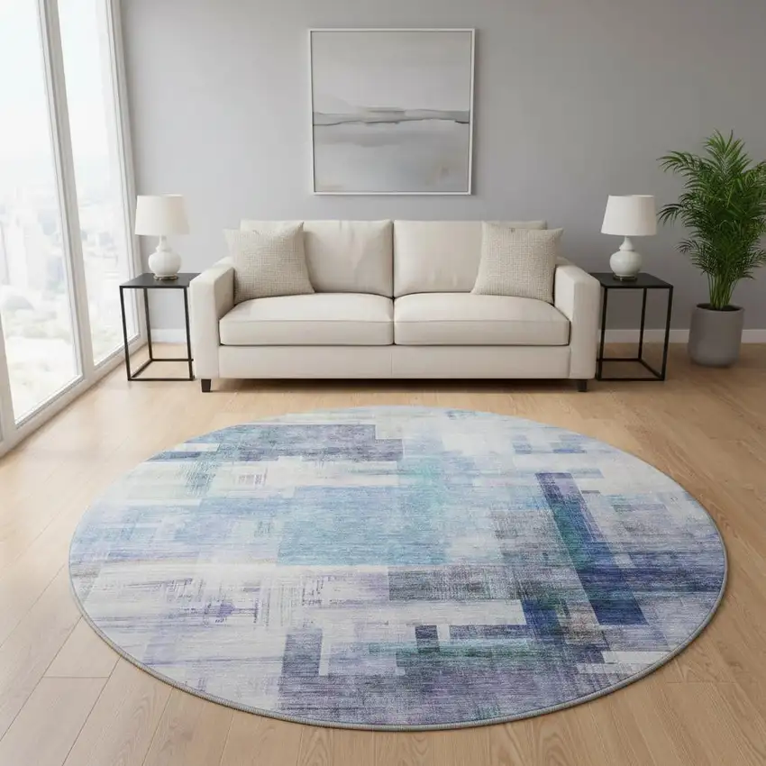 8' Blue And Ivory Abstract Geometric Washable Round Rug With UV Protection Photo 2