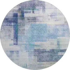 Photo of 8' Blue And Ivory Abstract Geometric Washable Round Rug With UV Protection