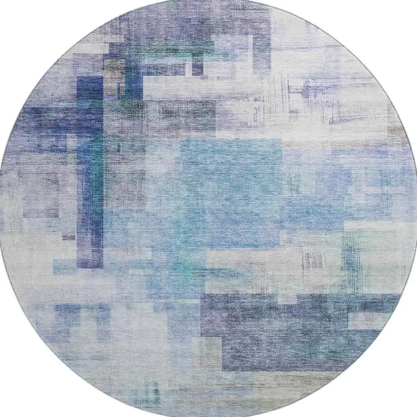 8' Blue And Ivory Abstract Geometric Washable Round Rug With UV Protection Photo 3