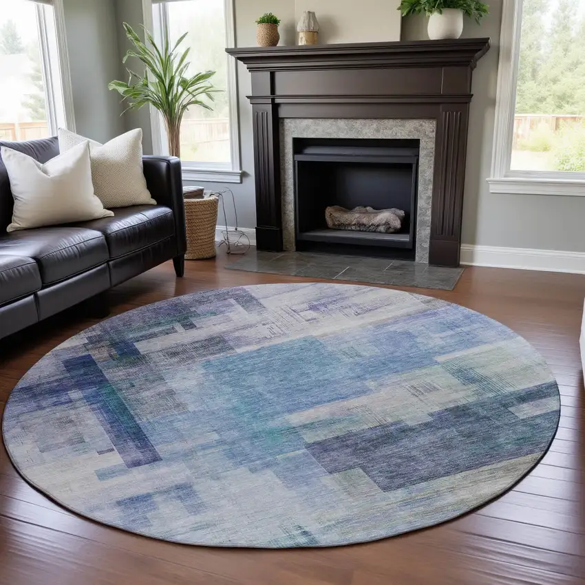 8' Blue And Ivory Abstract Geometric Washable Round Rug With UV Protection Photo 4
