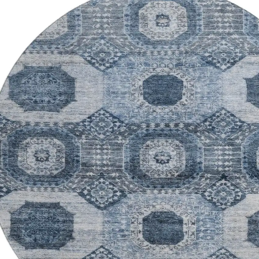 8' Blue And Ivory Abstract Geometric Washable Round Rug With UV Protection Photo 3