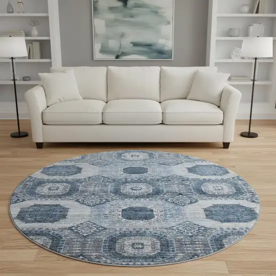 8' Blue And Ivory Abstract Geometric Washable Round Rug With UV Protection Photo 2