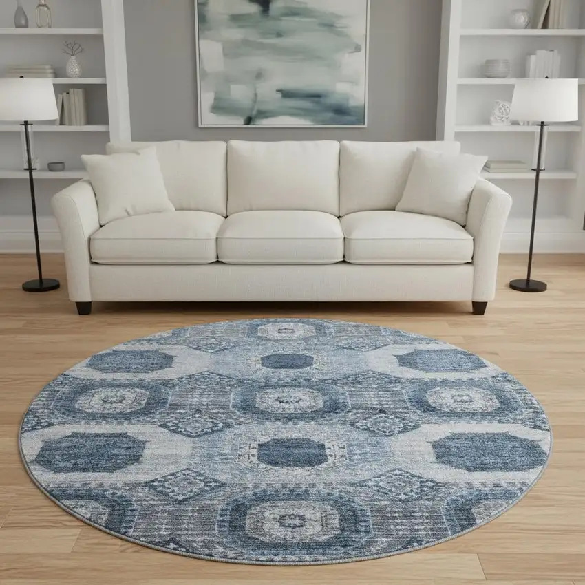 8' Blue And Ivory Abstract Geometric Washable Round Rug With UV Protection Photo 2