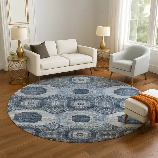 8' Blue And Ivory Abstract Geometric Washable Round Rug With UV Protection Photo 5