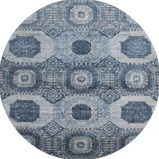 8' Blue And Ivory Abstract Geometric Washable Round Rug With UV Protection Photo 4