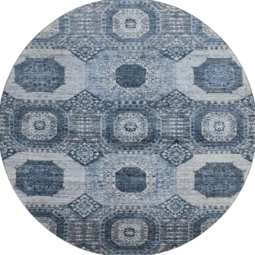 8' Blue And Ivory Abstract Geometric Washable Round Rug With UV Protection Photo 4