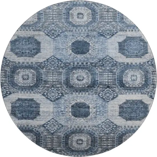 8' Blue And Ivory Abstract Geometric Washable Round Rug With UV Protection Photo 2