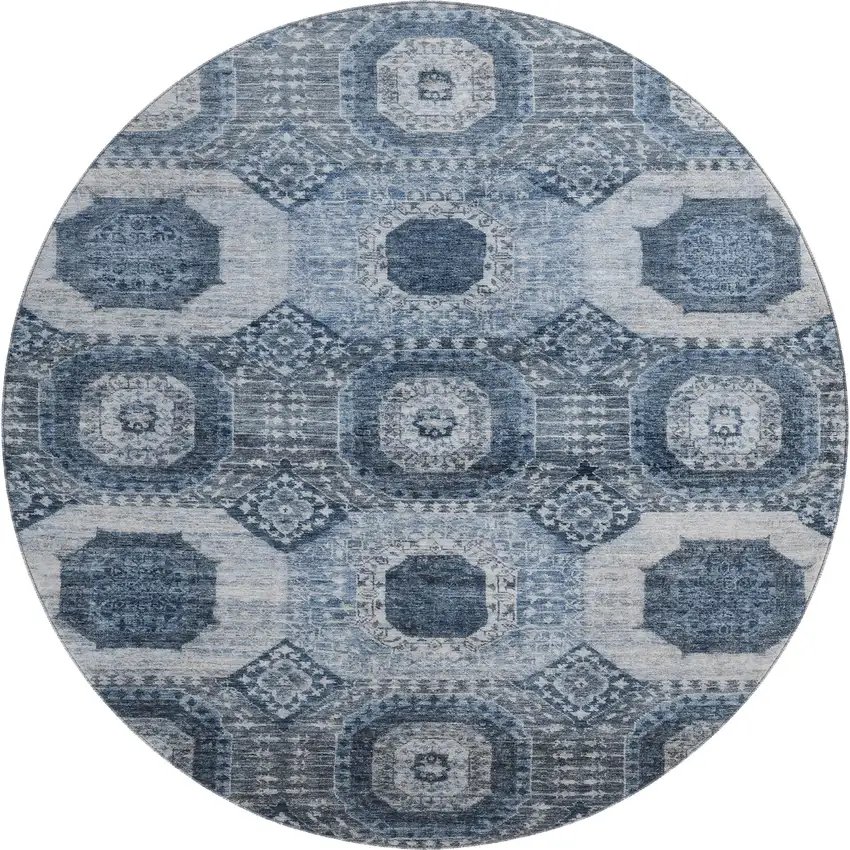 8' Blue And Ivory Abstract Geometric Washable Round Rug With UV Protection Photo 2