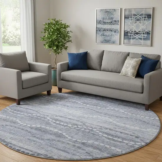 8' Blue And Ivory Abstract Geometric Washable Round Rug With UV Protection Photo 2