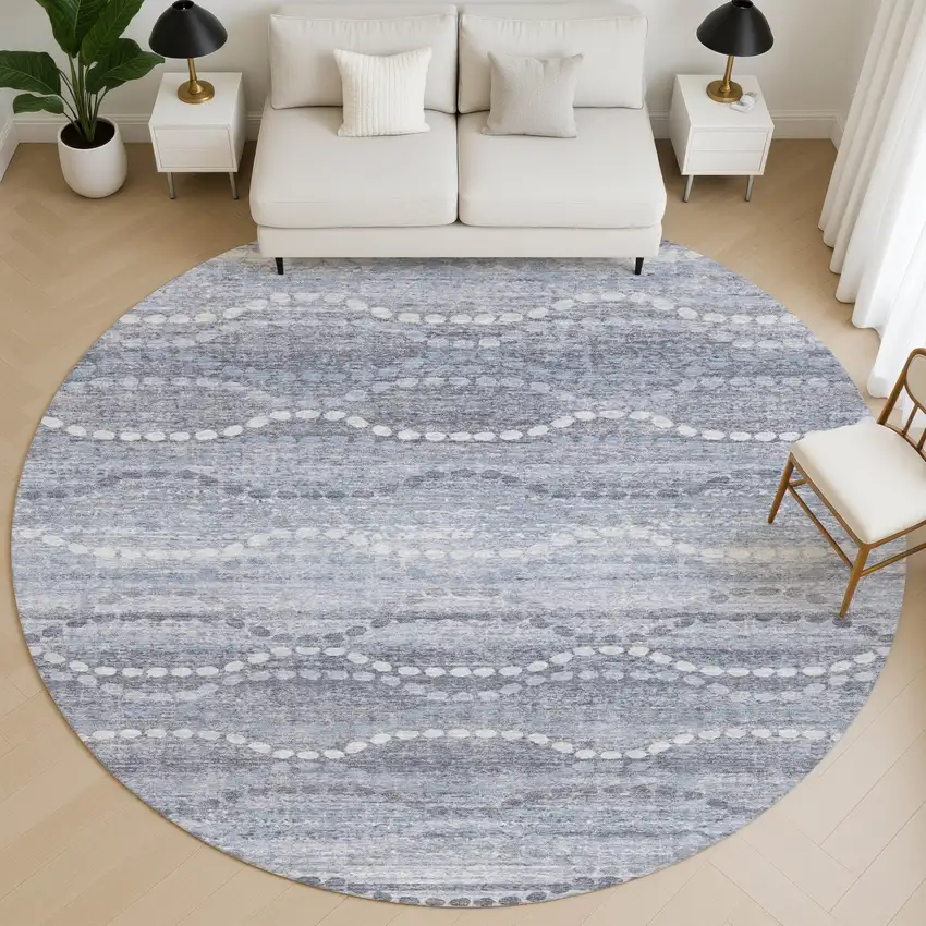 8' Blue And Ivory Abstract Geometric Washable Round Rug With UV Protection Photo 5