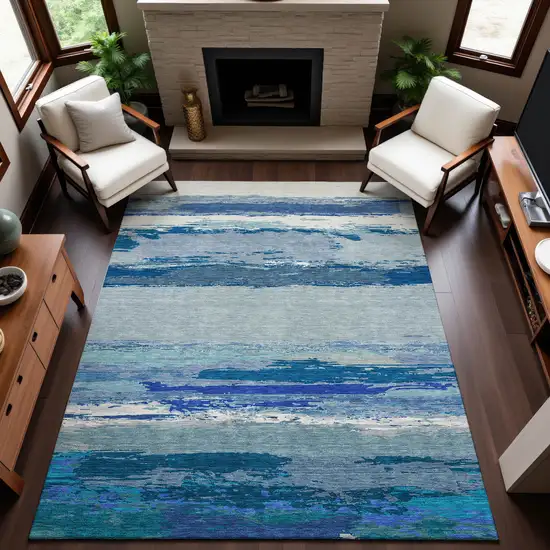 8' Blue And Ivory Abstract Washable Area Rug With UV Protection Photo 4