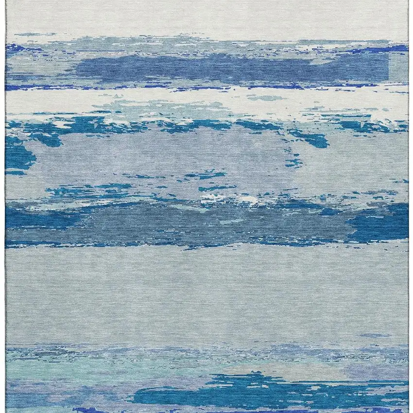 8' Blue And Ivory Abstract Washable Area Rug With UV Protection Photo 3