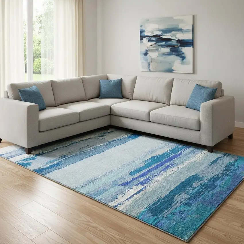 8' Blue And Ivory Abstract Washable Area Rug With UV Protection Photo 2