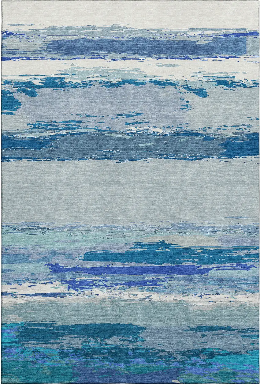 8' Blue And Ivory Abstract Washable Area Rug With UV Protection Photo 1