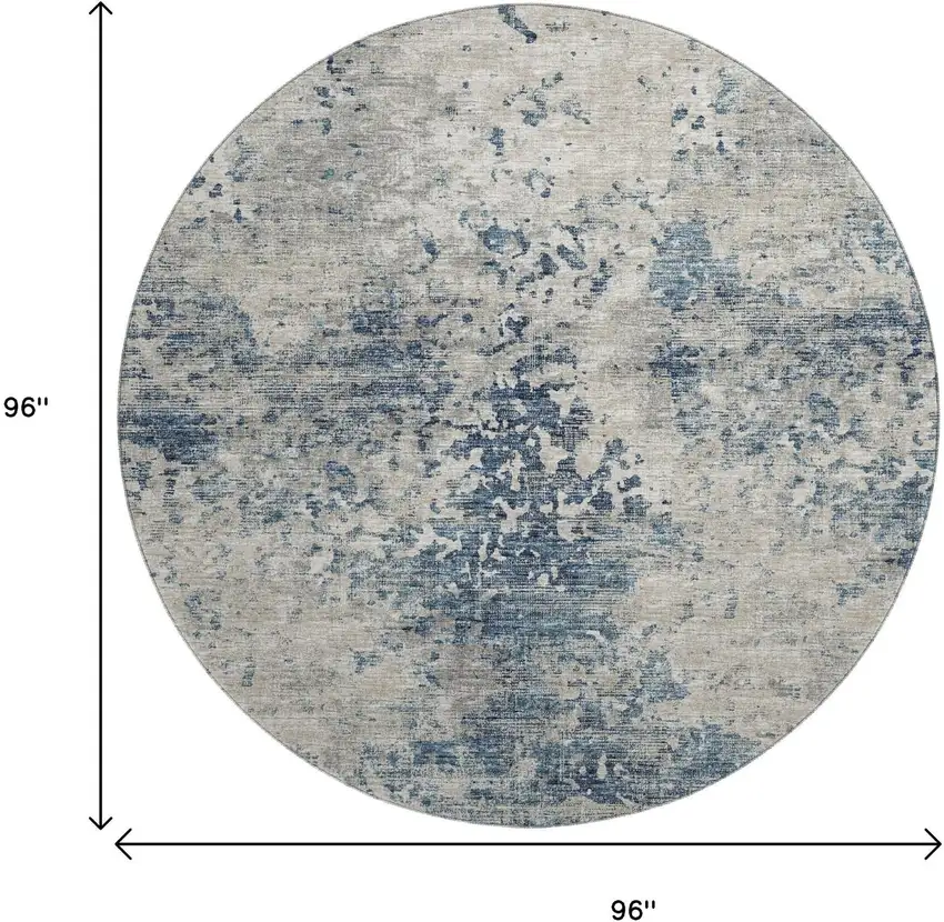 8' Blue And Ivory Abstract Washable Round Rug With UV Protection Photo 3