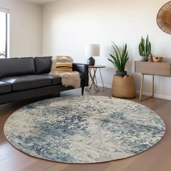 8' Blue And Ivory Abstract Washable Round Rug With UV Protection Photo 6