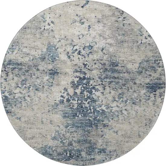 8' Blue And Ivory Abstract Washable Round Rug With UV Protection Photo 5