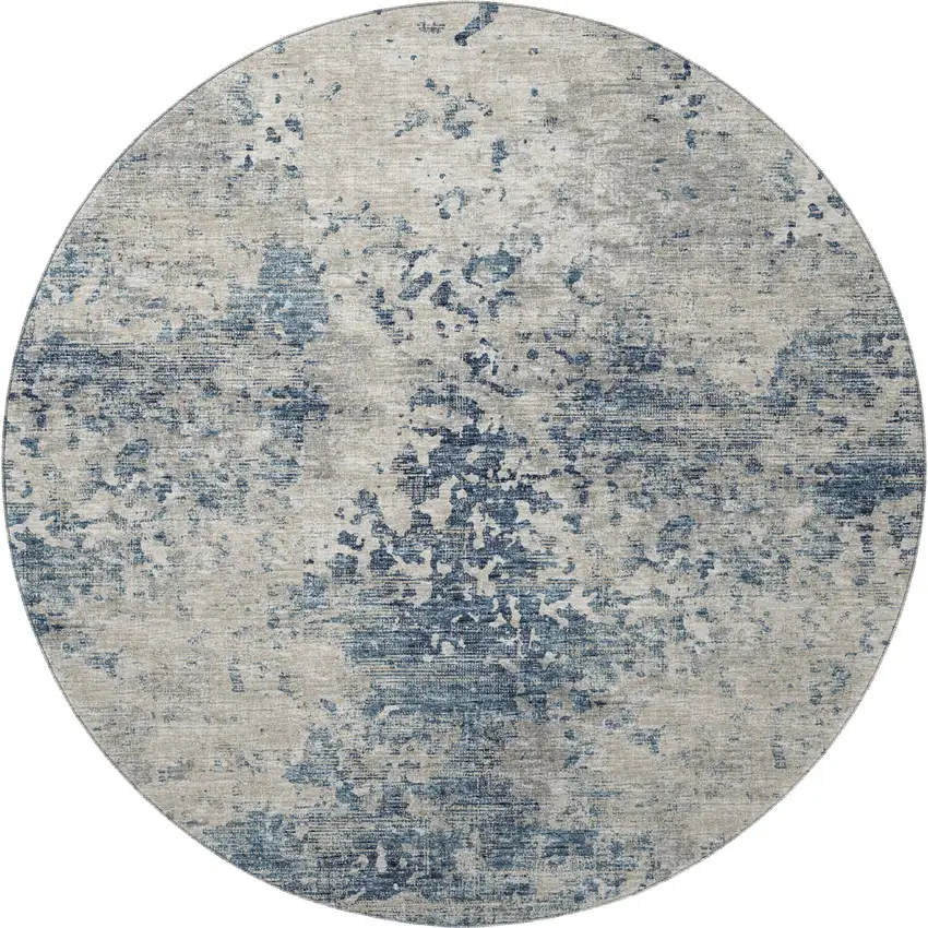 8' Blue And Ivory Abstract Washable Round Rug With UV Protection Photo 5
