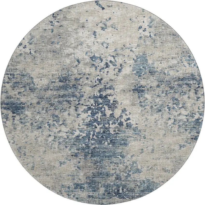 8' Blue And Ivory Abstract Washable Round Rug With UV Protection Photo 2
