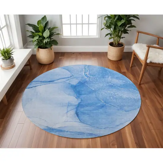8' Blue And Ivory Abstract Washable Round Rug With UV Protection Photo 2