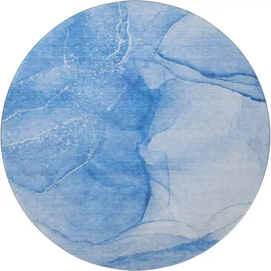 8' Blue And Ivory Abstract Washable Round Rug With UV Protection Photo 4