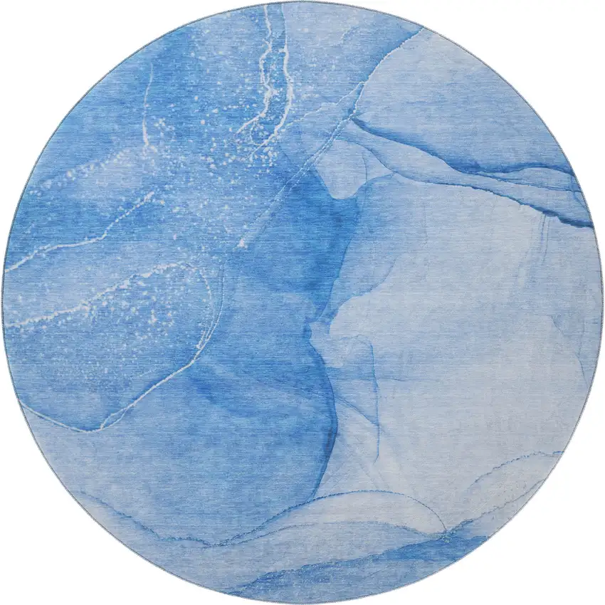 8' Blue And Ivory Abstract Washable Round Rug With UV Protection Photo 4
