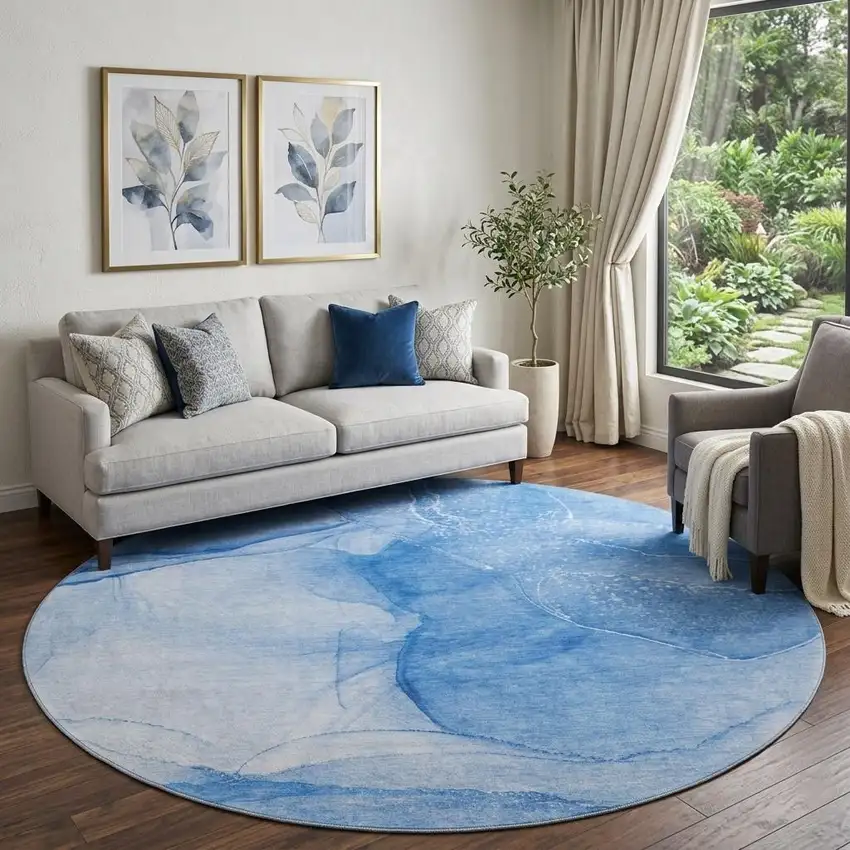 8' Blue And Ivory Abstract Washable Round Rug With UV Protection Photo 1