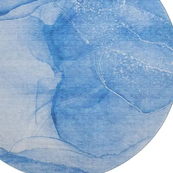 8' Blue And Ivory Abstract Washable Round Rug With UV Protection Photo 3